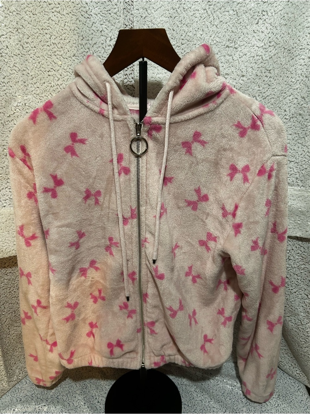Plush Zip-Up Hoodie Jacket with Pink Bow Print